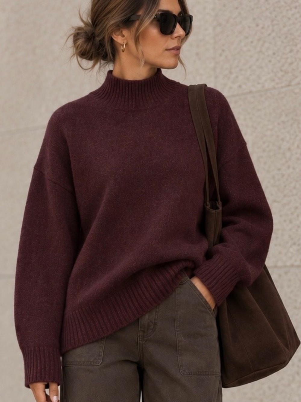 Bianco & Blu Made in Italy Wool Cashmere Mock Neck Sweater – Burgundy – L/G